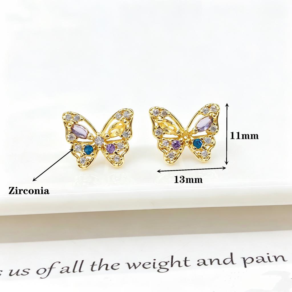 High-Quality Gold Plated Colorful CZ Butterfly Stud Earrings for Women Multi Crystal Cute Animal Earrings Fashion Party Jewelry