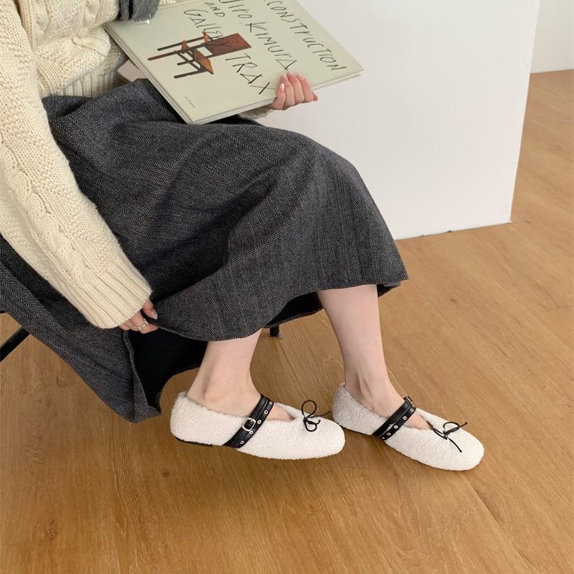 2025 Autumn and Winter Comfortable Versatile Round Head Soft Sole Cotton Shoes Bow Belt Buckle Flat Bottom Fluffy Shoes