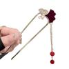 Traditional Hanfu Style Ginkgo Leaf Hair Stick with Red Velvet Zircon Inlay Pearl Red Bead Tassel Silver Metal Frame