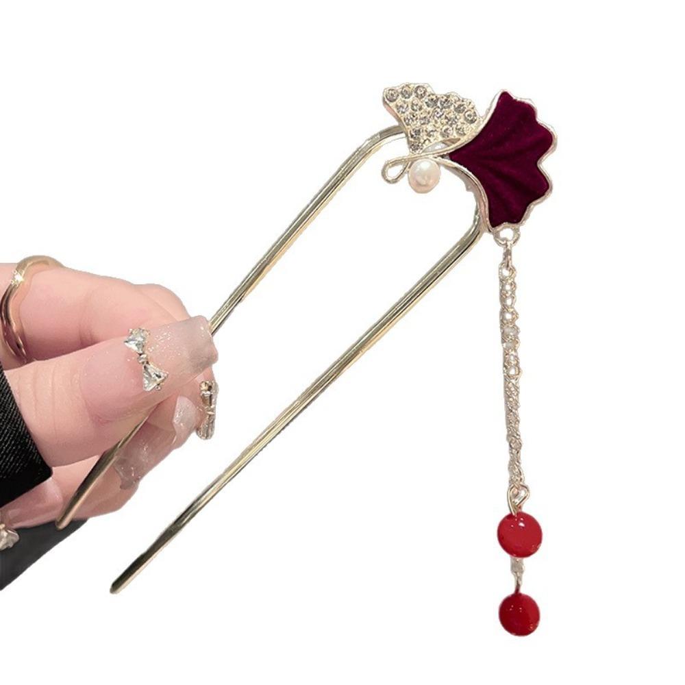 Traditional Hanfu Style Ginkgo Leaf Hair Stick with Red Velvet Zircon Inlay Pearl Red Bead Tassel Silver Metal Frame