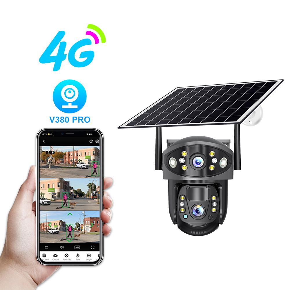 Dual Lens Solar Security Camera, 4G/WiFi Outdoor Monitor with Night Vision, HD Rechargeable PIR Surveillance System