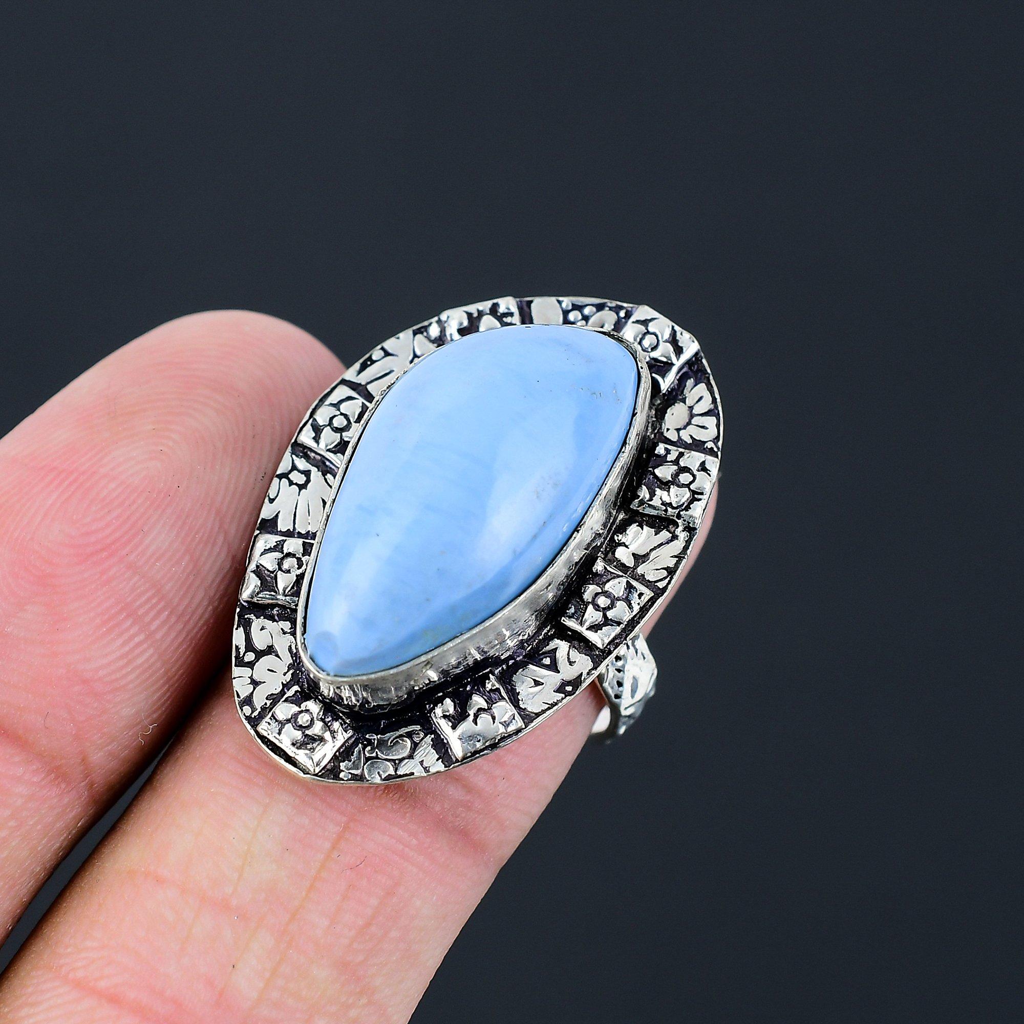 Подарок на День Рождения Для Нее Натуральный Голубой Опал Оуихи Кольцо-Заявление Размер 8 Серебро 925 8