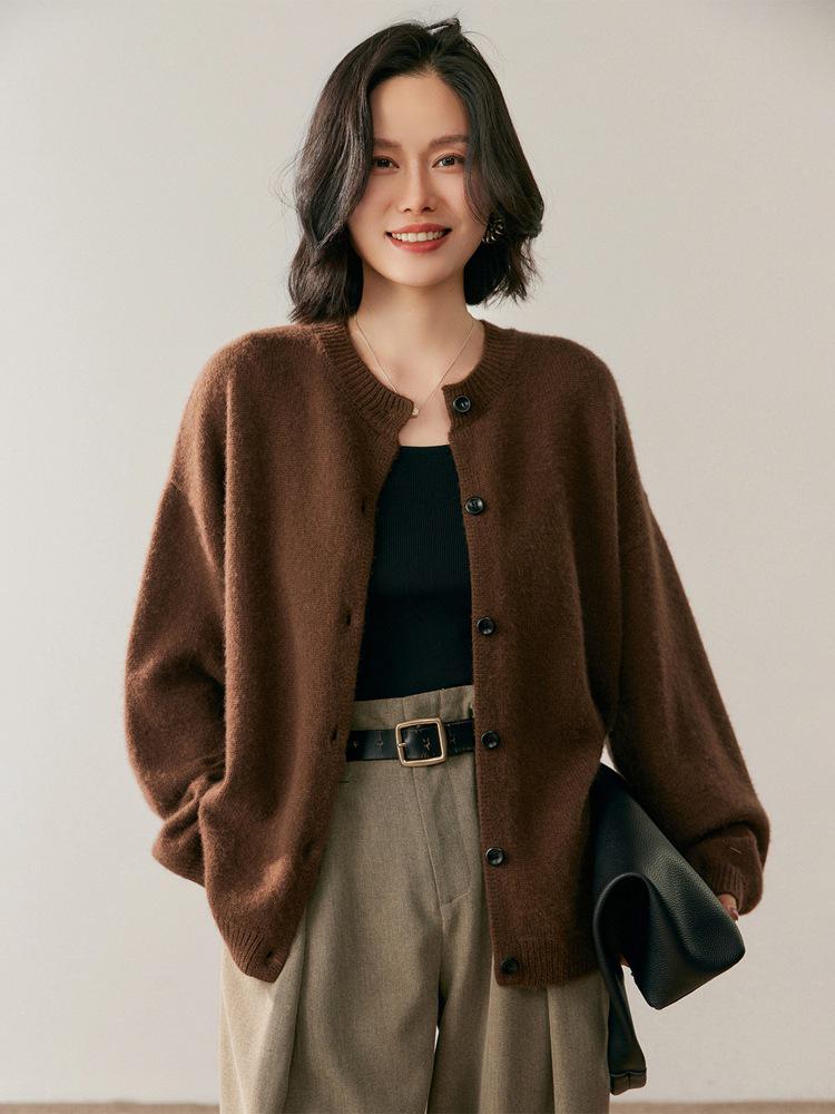 Women's Cashmere Cardigan - Autumn/Winter 2025 Collection, Round Neck, Gentle Loose Fit, Slimming Single-Breasted Jacket.