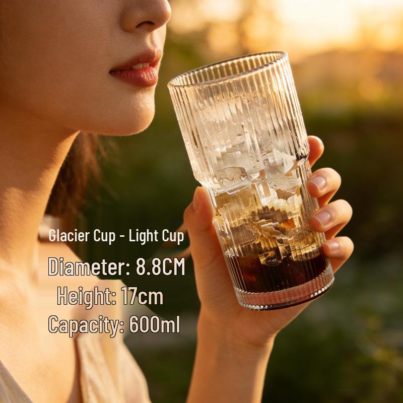Striped Glass Water Cup with Straw - Thickened, Transparent, for Fresh Cold Drinks 500ml