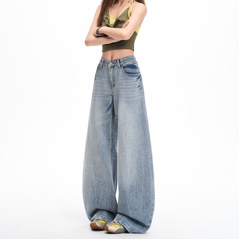Spring Lazy Heavy Wash Non Stretch Low Waist Relax Wide Leg Saber Cut Denim Pants For Women Casual Pants Oversize Denim Trousers