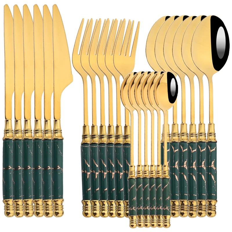 24Pcs Cutlery Set Stainless Steel Dinnerware Kitchen Fork Knife Tea Spoon Tableware Set Flatware Set Gold Silverware Set