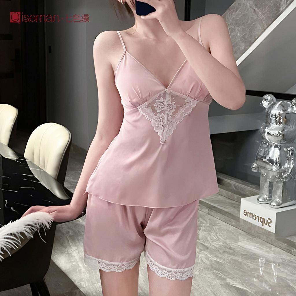 Spring/Summer Sexy Strap Nightdress Two-piece Set with Bra Pads, Private Pure and Alluring Style Women's Loungewear Ice Silk Nightwear