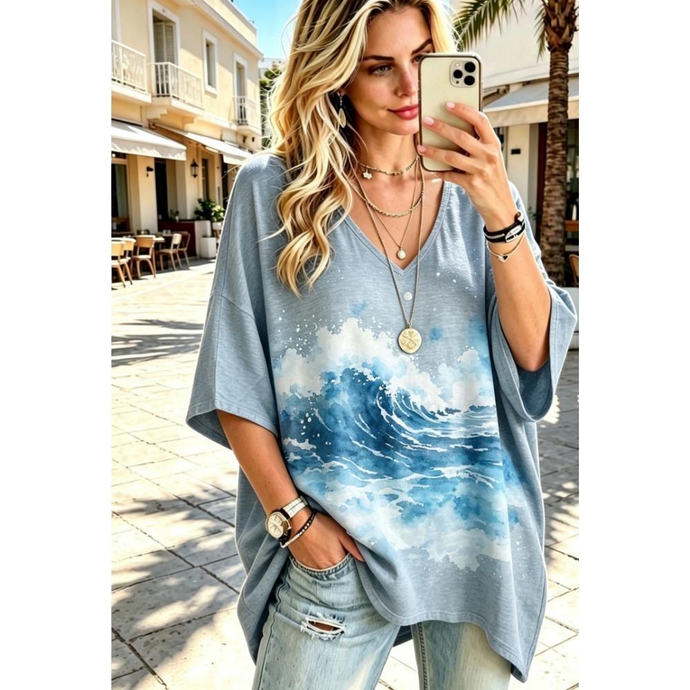 Women's 3D Printed T-shirt, Plus Size V-neck Women's Ethnic Style, European and American Art Three-quarters Bat Sleeve Casual Top