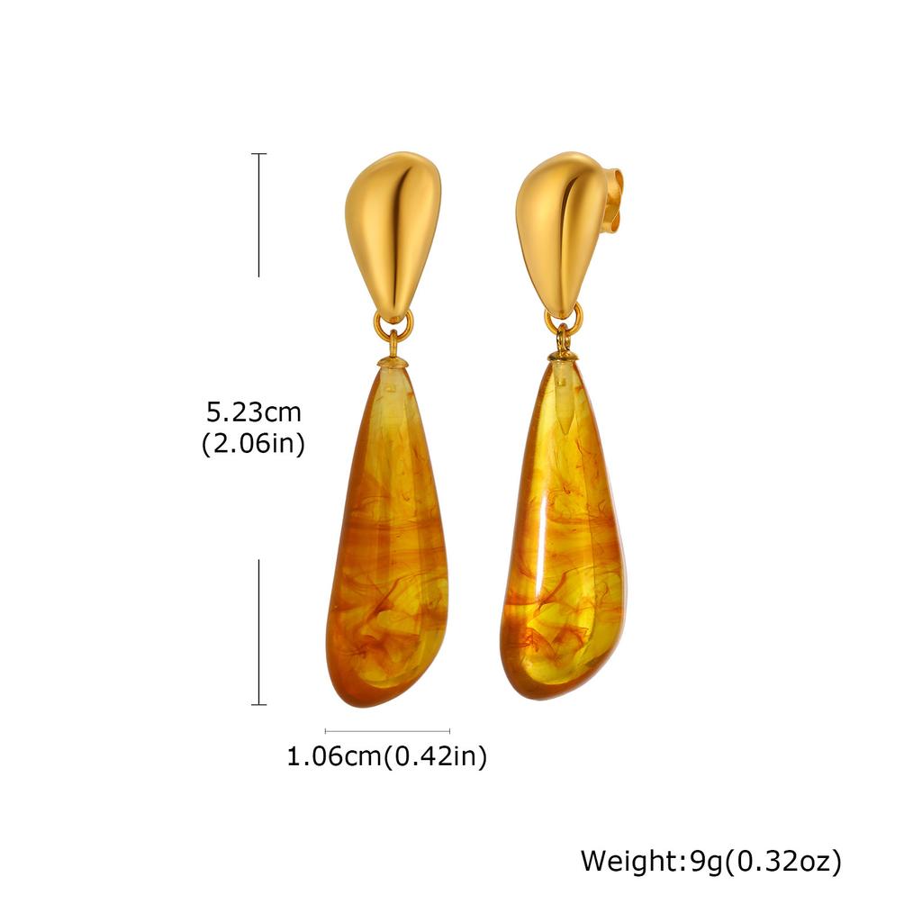 Orecchini Eleganti Retrò Ambra Autunno Inverno Catena Perle di Riso Acciaio Inossidabile Goccia d'Acqua Resina Collana Set di Gioielli da Donna