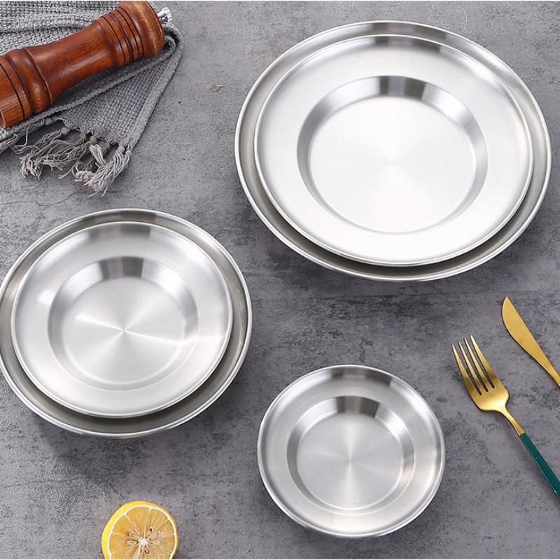 Round Kitchen Bar Tableware Cake And Fruit Snack Salad Plate Kitchen Accessories Stainless Steel Plate Camping Picnic Plate