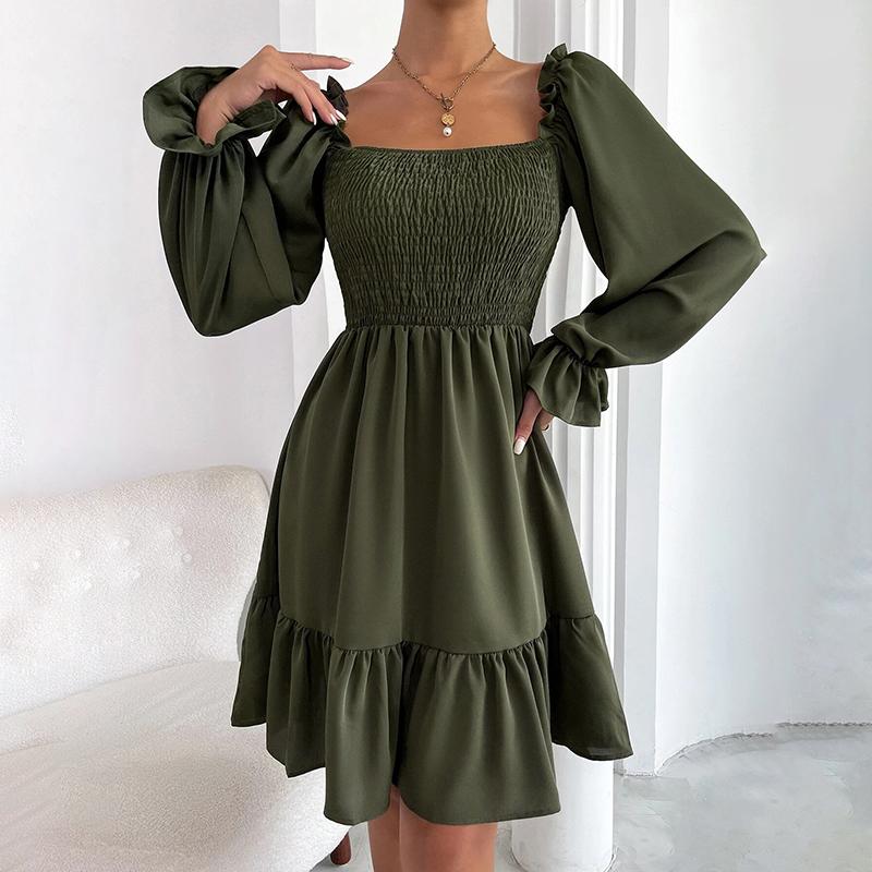 2025 French Minimalist Square-Neck Dress Long-Sleeve High-Waisted Bodycon Dress with Flounced Hem