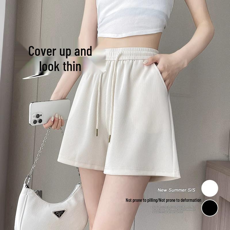 

2025 Black Ice Silk Drawstring Sports Shorts - Petite, High Waist, Casual Five-Point Fit 2XL (126-145 jin)