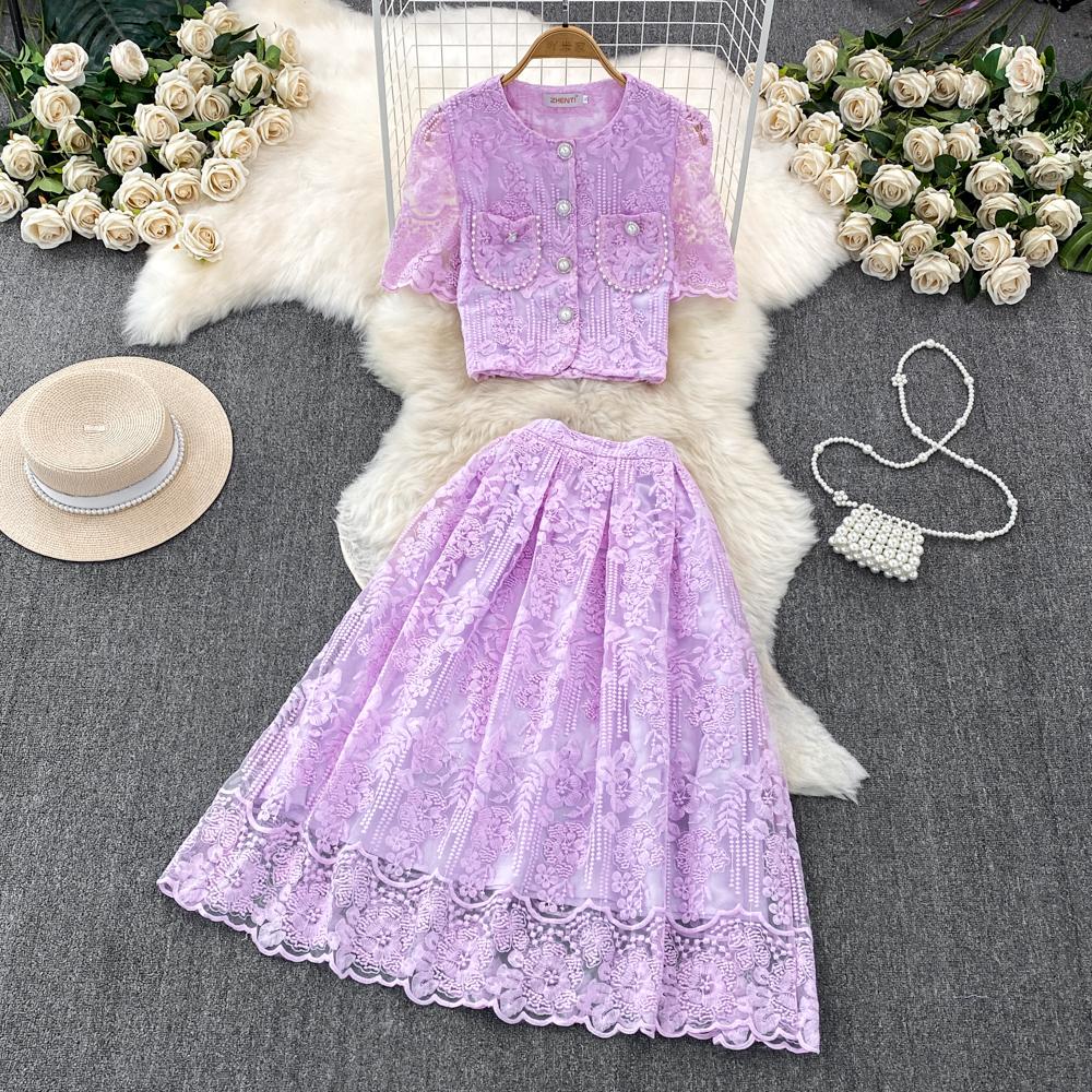 Summer Women Luxury Mesh Embroidery Flower Set Single Breasted Beading Pockets Top Shirt + Zipper Long Skirt Two Pieces Suits