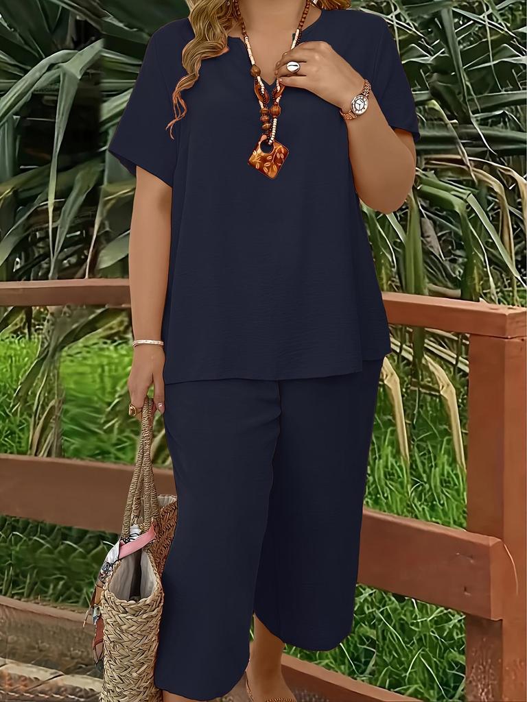 Women's Plus Size Elegant V-Neck Short Sleeve Top and Wide-Leg Pants Set - Solid Colors for Spring, Summer, and Autumn.