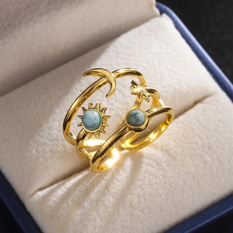 Exquisite Stainless Steel Star Moon Sun Tarot Card Open Ring for Men Women Birthday Party Elegant Jewelry Gift