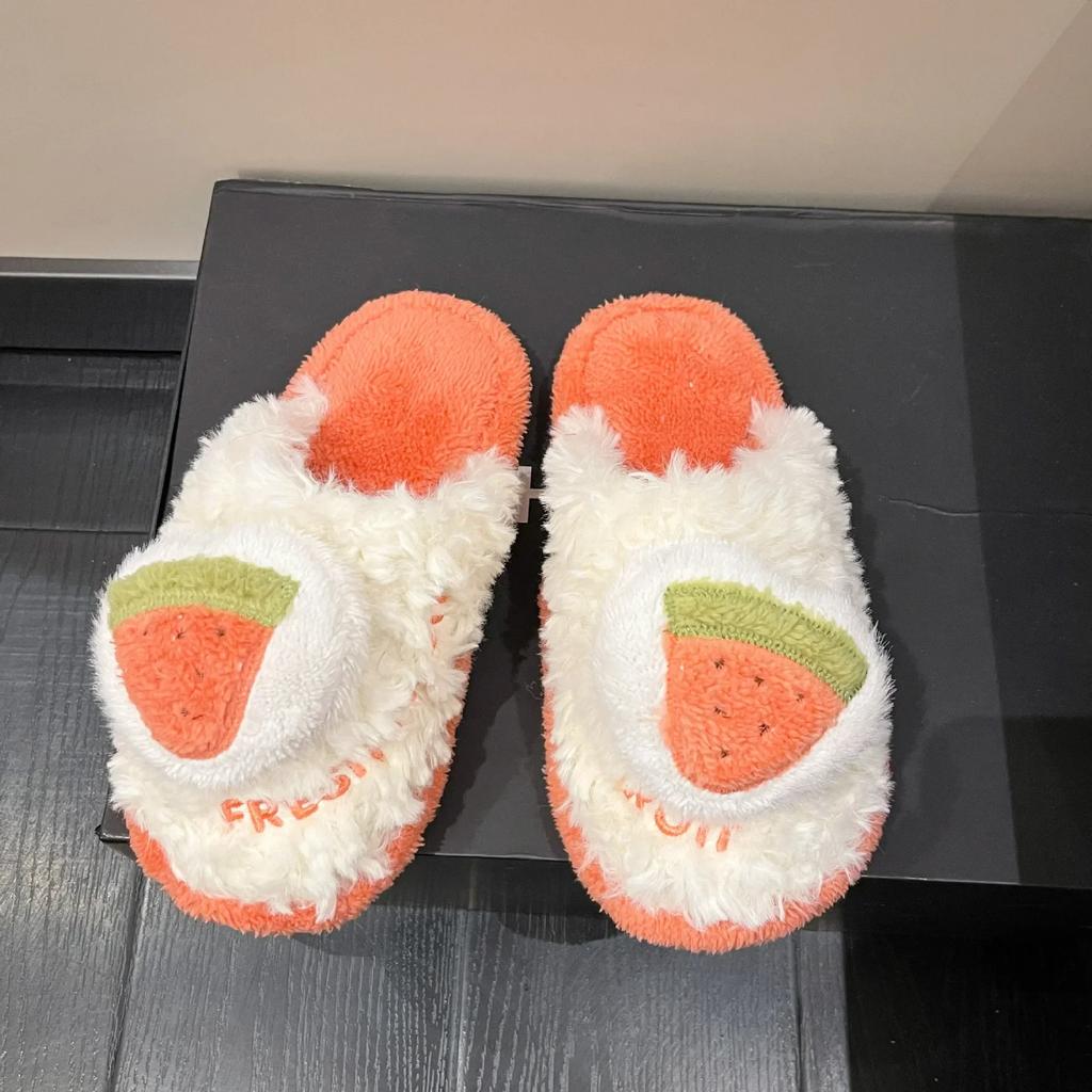 Fashion Winter Women Shoes Cute Cartoon Casual Home Shoe Fruit Furry Thick Warm Plush Footwear Flat Casual House Comfortable Slipper