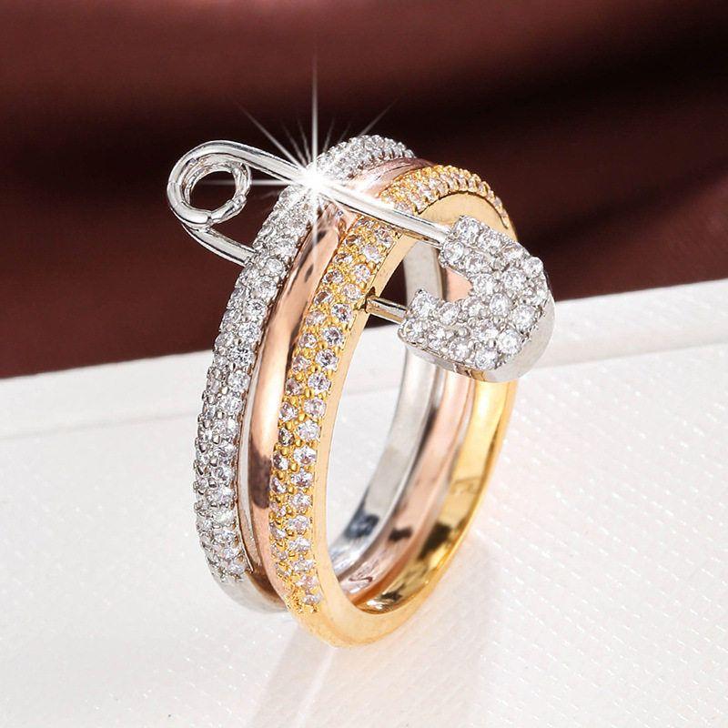 

European and American Creative Fashion Three-Color Ring Detachable Ring Women Personality Micro Inlaid Zircon Pin Ring in Stock Tricolor gold No. 9