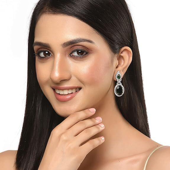 Silver-Plated American Diamond studded Oval Shaped Drop Earrings Jewellery For Girls and Women