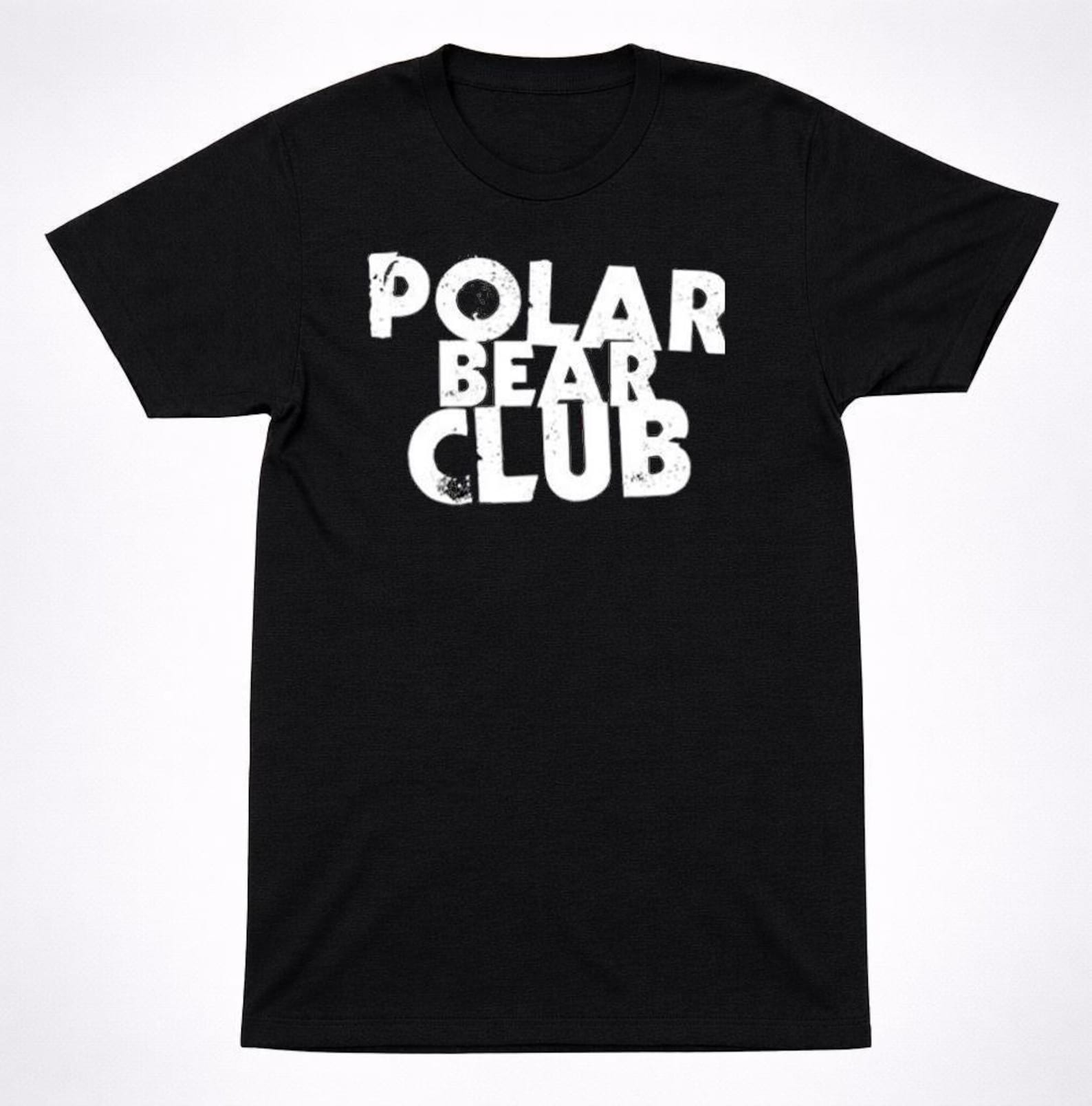 Polar Bear Club Block Logo Shirt: Distressed White Print, Post-Hardcore Band Tee | Black Cotton, Worn-In Look, Raw Attitude L