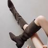 Fashion New Style Fashion Women's High Heel Western Cowboy Knee-high Boots Suede Women's Pointed Toe Warm Button Long Boot Zapatos Mujer