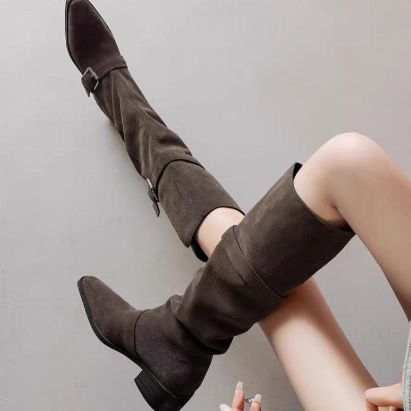 Fashion New Style Fashion Women's High Heel Western Cowboy Knee-high Boots Suede Women's Pointed Toe Warm Button Long Boot Zapatos Mujer