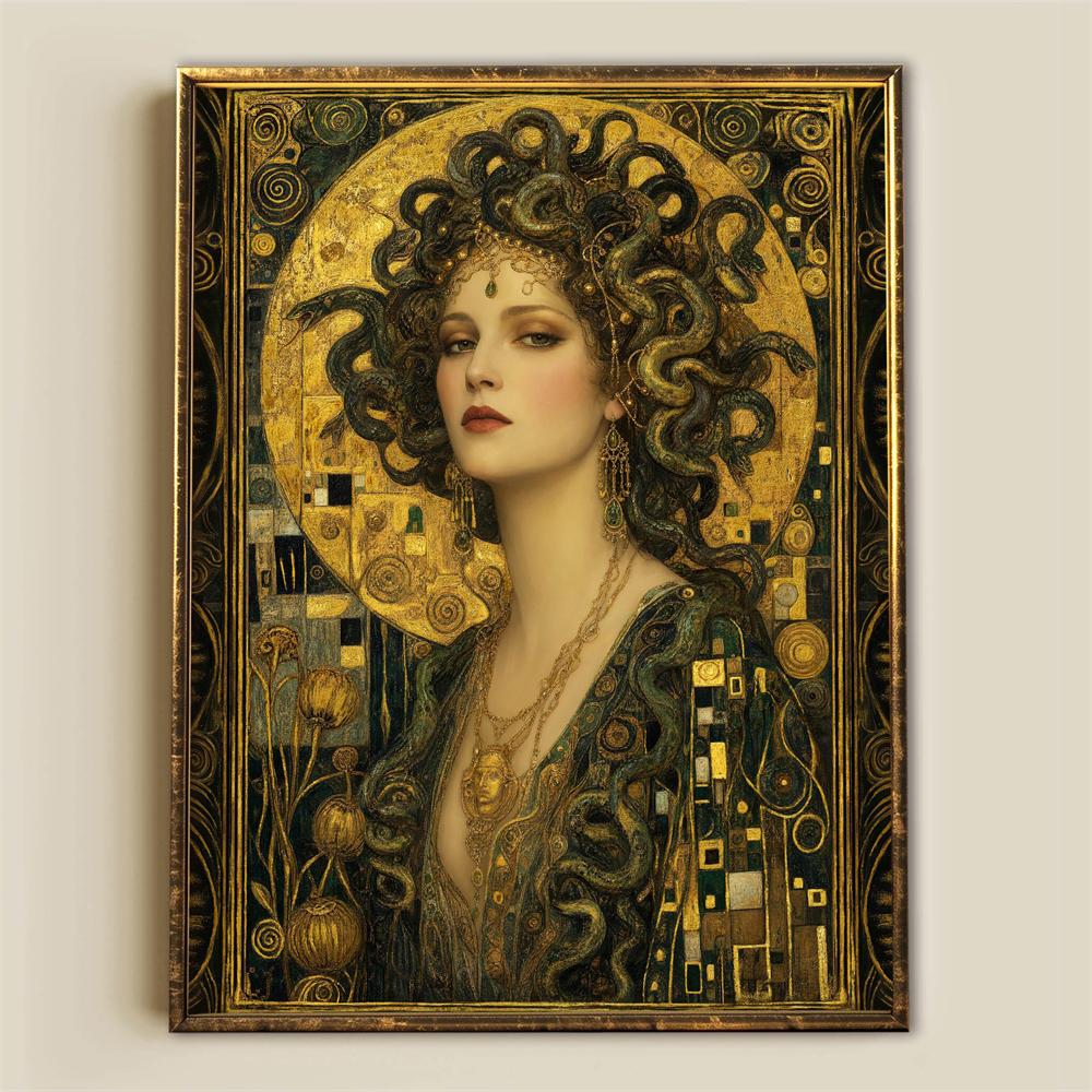 Medusa Print With Snakes Prints Poster Art Nouveau Klimt Inspired Witchy Decor Green And Gold Canvas Painting Home Bedroom Art 21X30CMNo Framed