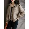 Women's Turn Down Collar Long Sleeve Straight Fit Short Wool Blend Coat Elegant Cropped Tweed Outerwear with Pockets