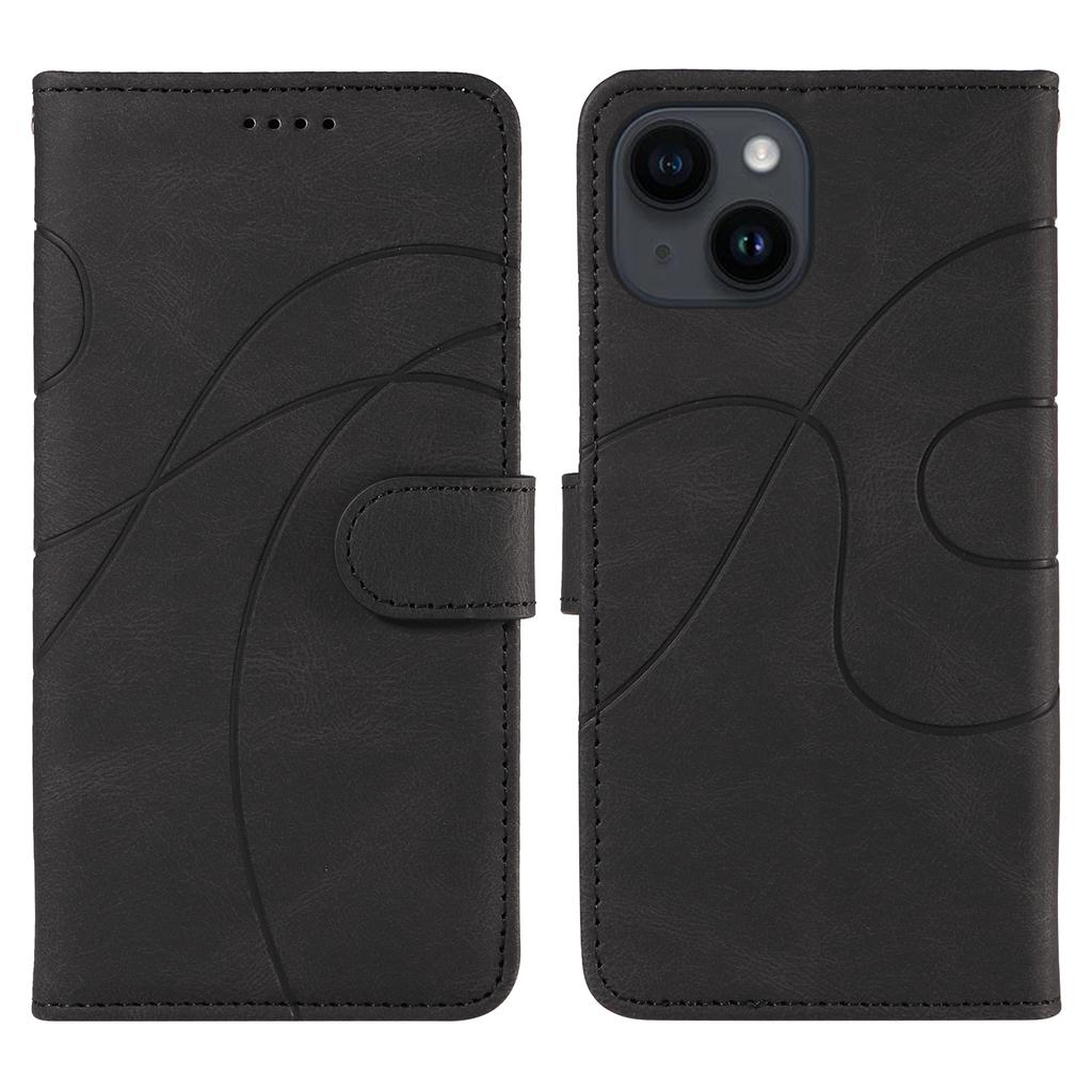 For iPhone 15 Wallet Case Leather Phone Cover Stand with Curved Line Design