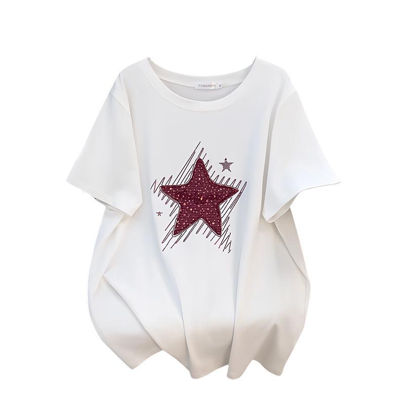 Plus Size Slimming Loose Mid-Length Round Neck Short-Sleeve T-Shirt for Women (Sizes 200-350 jin)