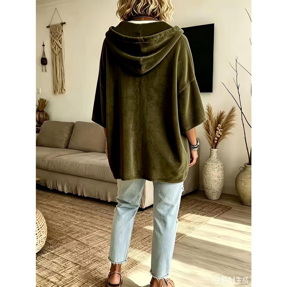 Damska gładka welurowa bluza z kapturem i rękawem 3/4, casualowy top hoodie na jesień zimę