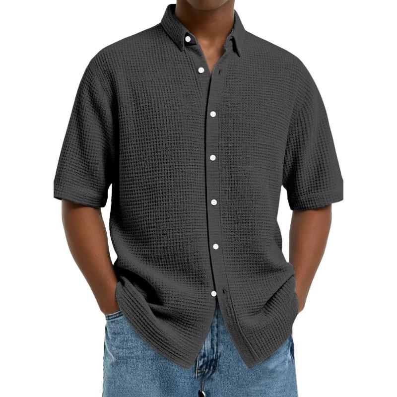 Men's Short-Sleeve Waffle-Knit Collared Shirt - Breathable Casual Button-Down Loose-Fit Top