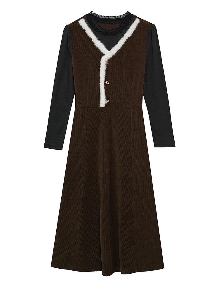 2026 Autumn/Winter Elegant Hepburn Style Slimming Patchwork Mid-Length Dress