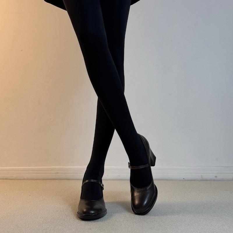 Cowhide French retro round head with thick heel Mary Jane shoes femininity elegant commuting small leather shoes