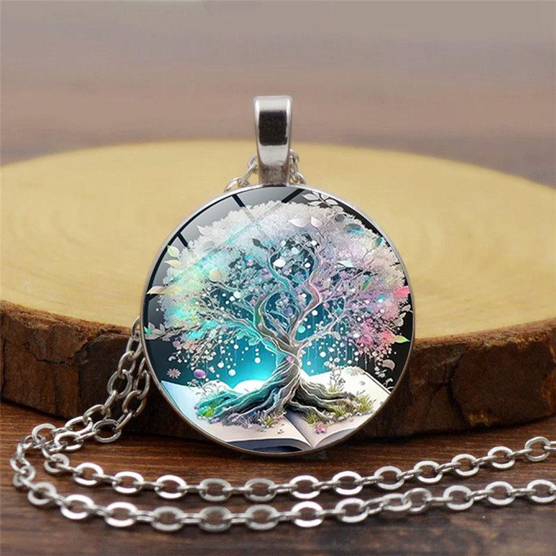 Time Gem Tree of Life Pattern Round Glass Alloy Pendant Necklace