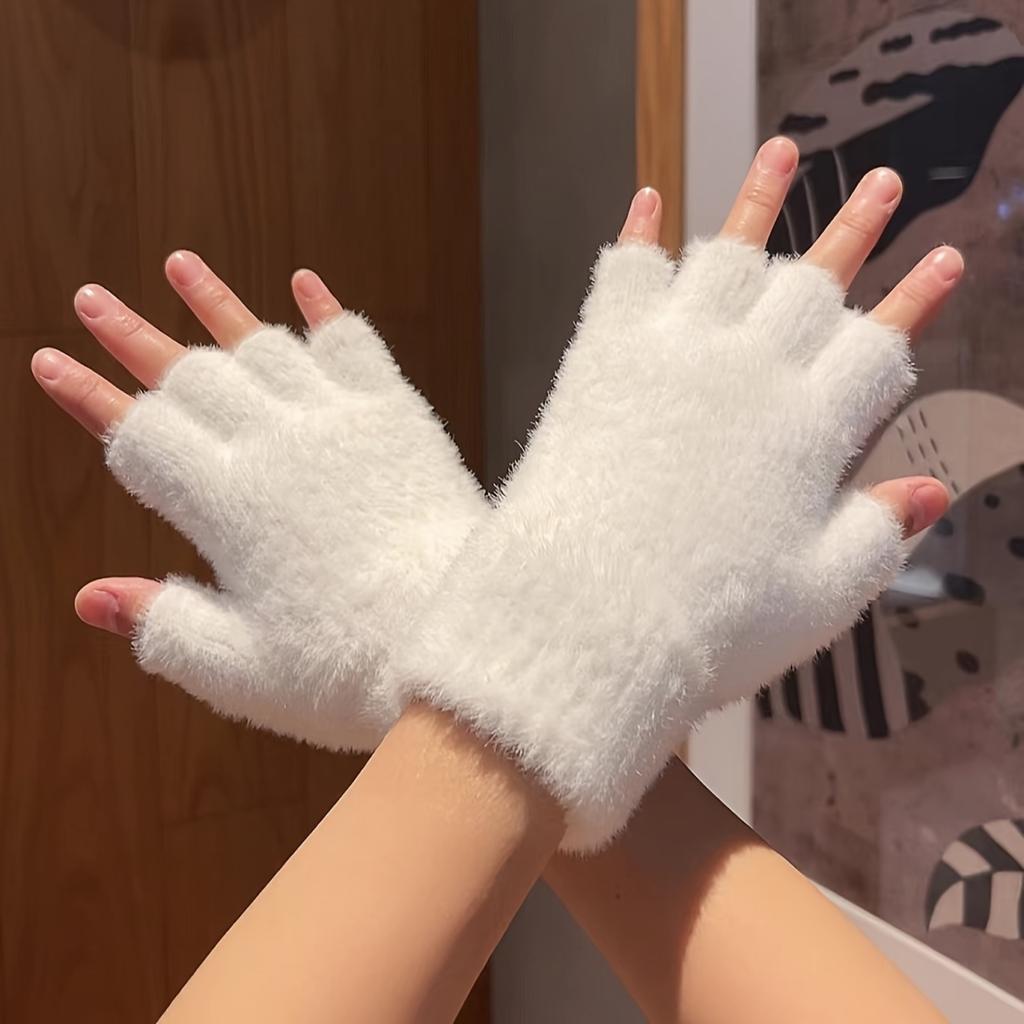 Half-finger winter fuzzy gloves, simple windproof and thickened casual warm gloves,writing gloves,fingerless soft cycling gloves