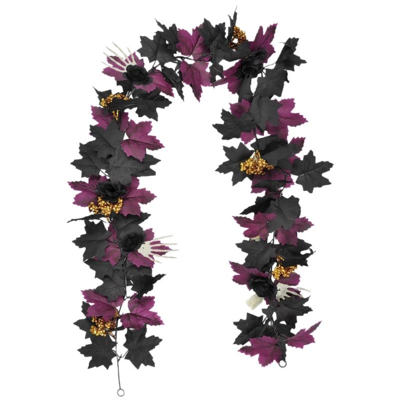 Flexible Artificial Maples Leaf Stem Halloween Decoration Black Silk Leaves for Fireplaces and Window Displays