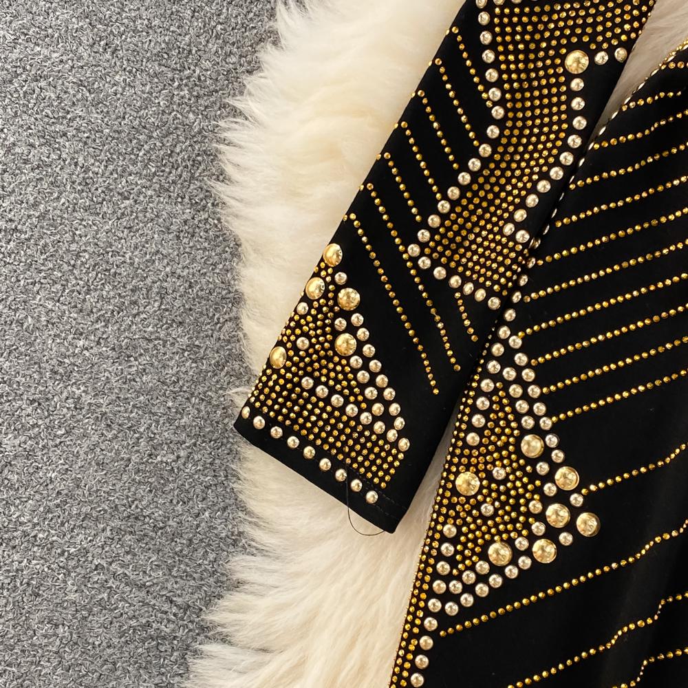 Autumn and Winter European and American Light Luxury Temperament Round Neck and Diamonds Waist and Hip Bottoming Dress