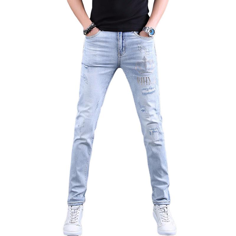 Trendy Brand Spring and Summer Thin Embroidered Ripped Trendy Light Color Rhinestone Jeans Men's Trendy Fashion Slim-Fit