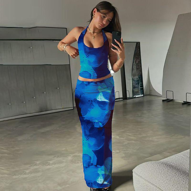 

Printed U-neck Top and Skirt Set Print U-Neck Halter Top Skirt Suit Blue M