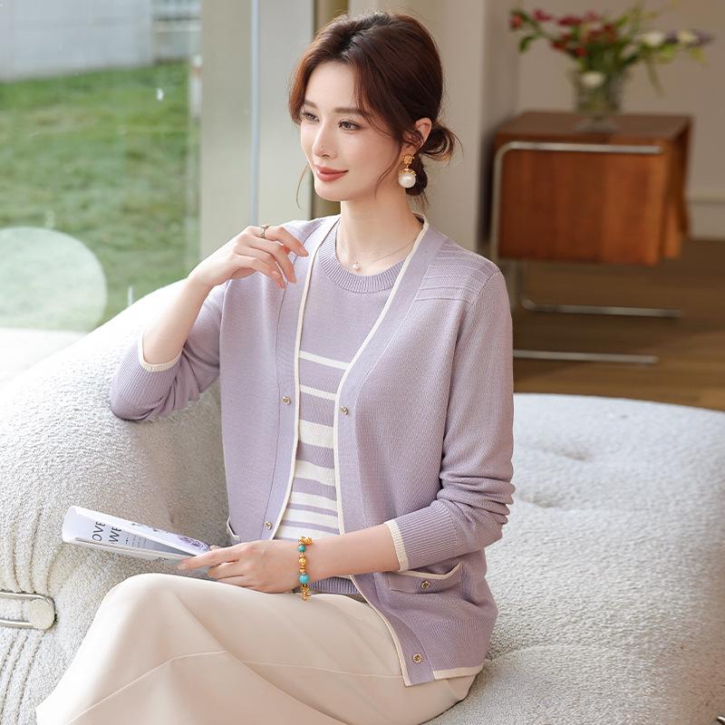 Mom's Chic Spring Knit Cardigan & Inner Layer Striped Two-Piece Set for Mid-Aged Woman