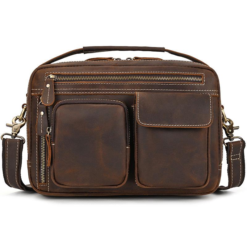 Men'S Genuine Leather Shoulder Bag Crazy Horse Leather Messenger Bag First Layer Cowhide Flip Shoulder Bag Casual Bag