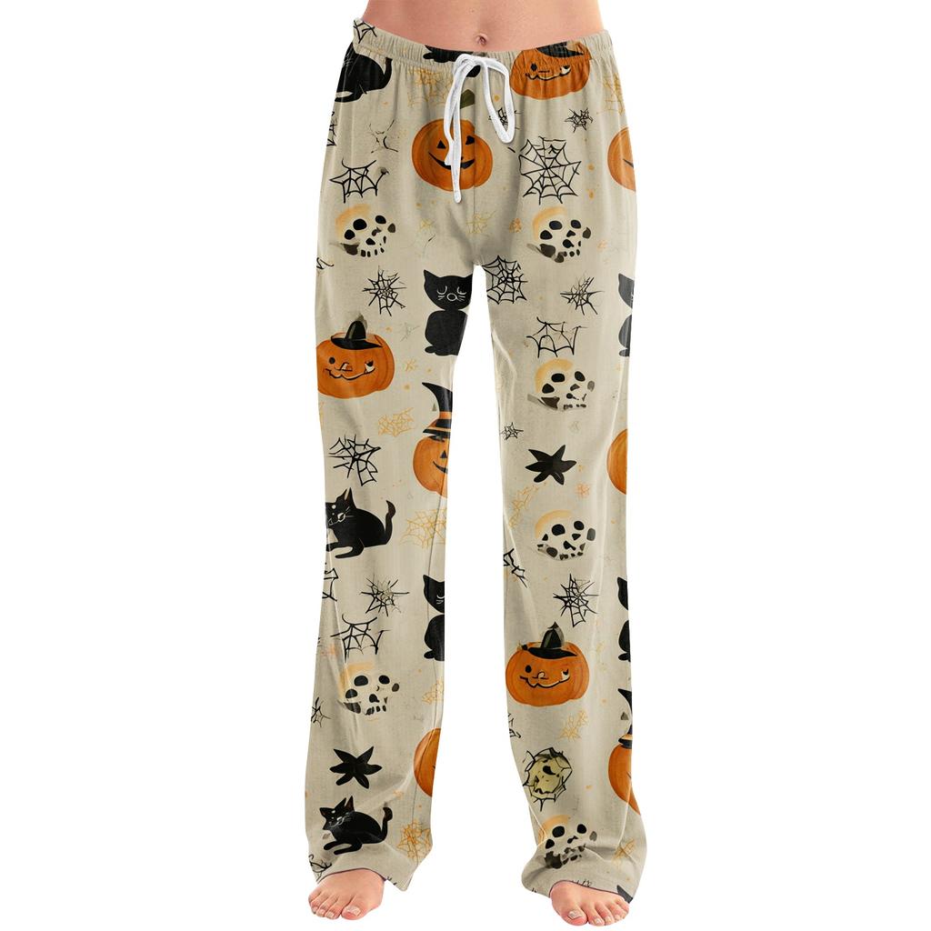Women Drawstring Lounge Pants Halloween Print Casual Loose Fit Full Length Pajama Bottoms with Elastic Waistband and Relaxed Style