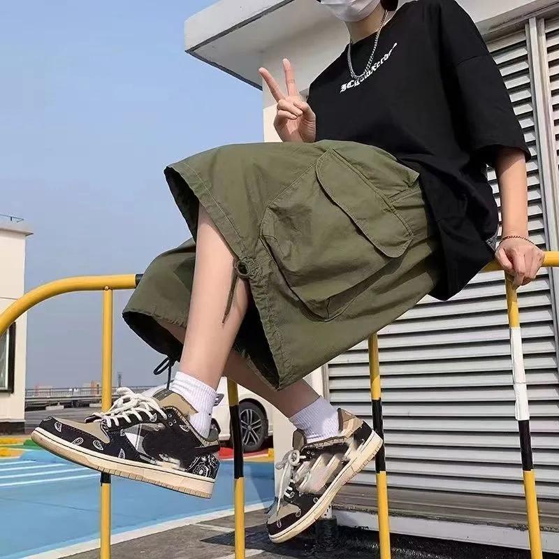 Khaki 7-point Men Summer Thin Japanese Workwear Wide-leg Loose Over-knee Shorts