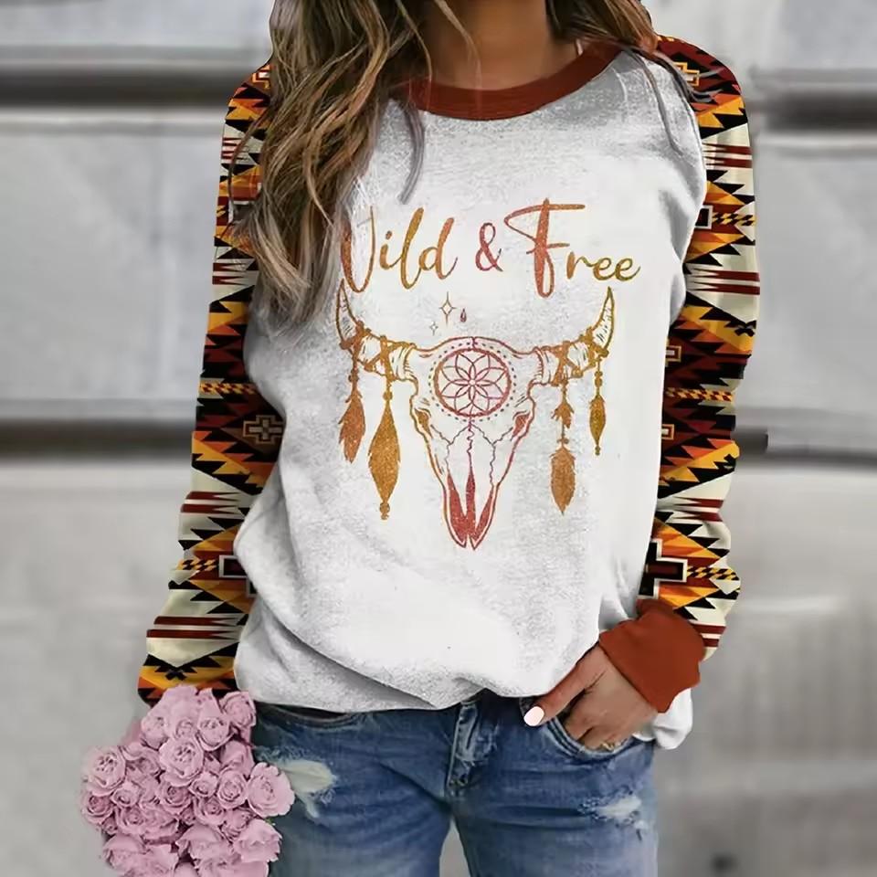 European and American Spring and Autumn women's leopard print 3D printed long sleeved round neck T-shirt Halloween collection