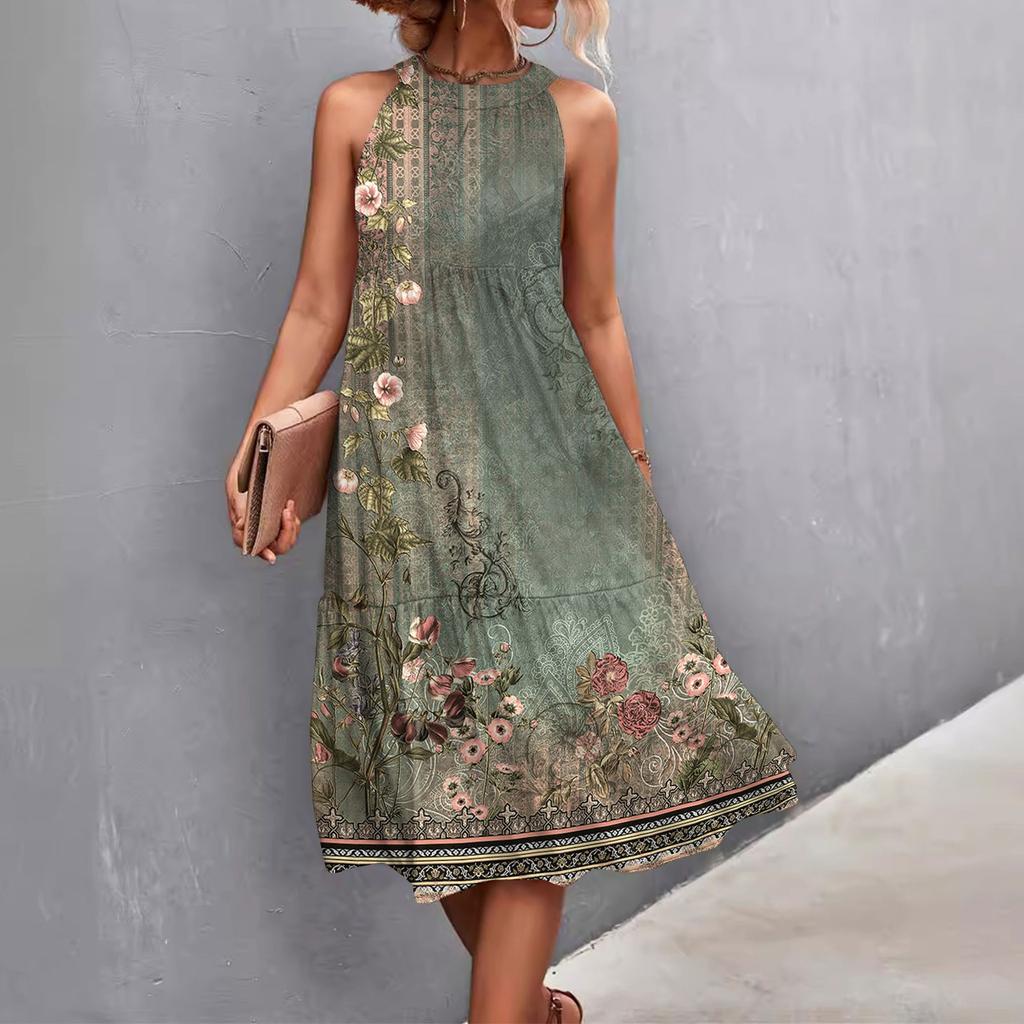 Women's Summer Sleeveless Solid Color Printed Loose Splicing Casual Hanging Neck Beach Dresses