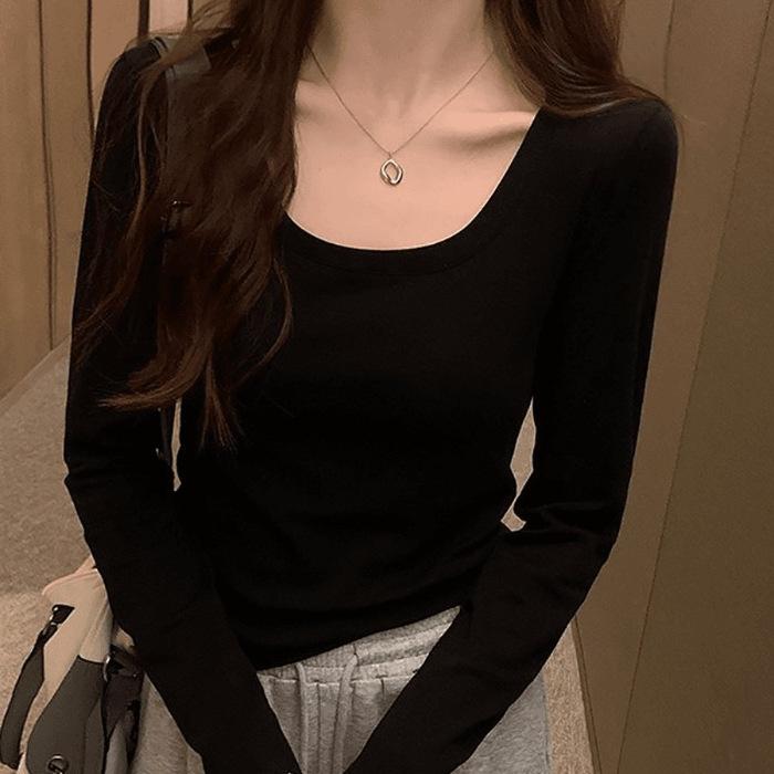 

3g pure cotton thread, front shoulder solid color shirt women s autumn stacked wear U neck long sleeve T slim fit XL чорний