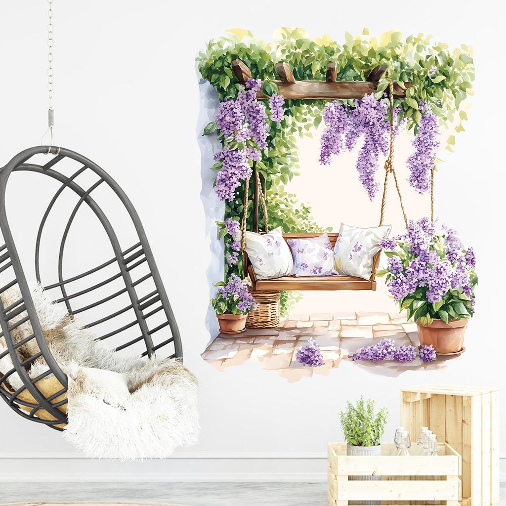 Romantic Purple Floral Swing Wall Sticker Self-Adhesive Removable Living Room Bedroom Balcony Hallway Home Decor Art