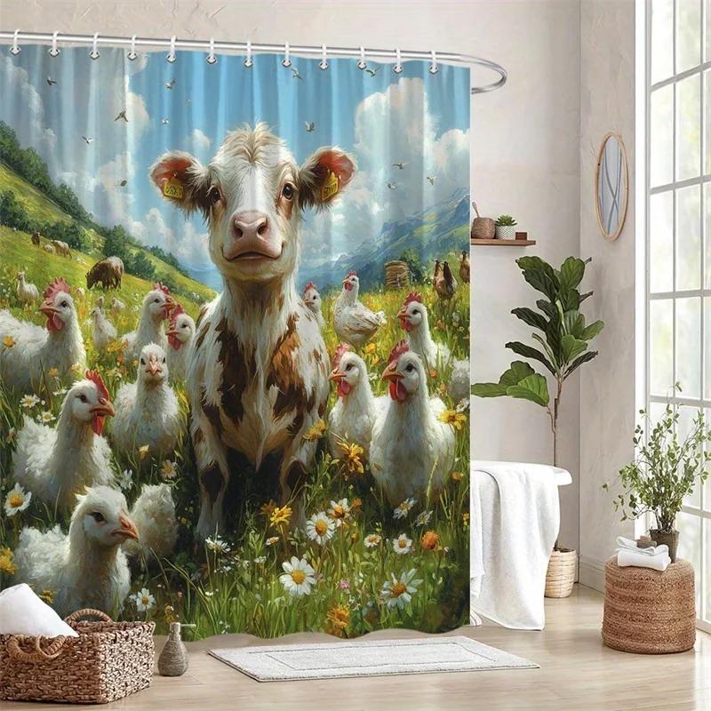 

1pc Cow & Chicken Farm Shower Curtain - Brown & White Cow with Fluffy Chickens in Green Meadow, Blue Sky & Distant Hills Design W90xH180cm