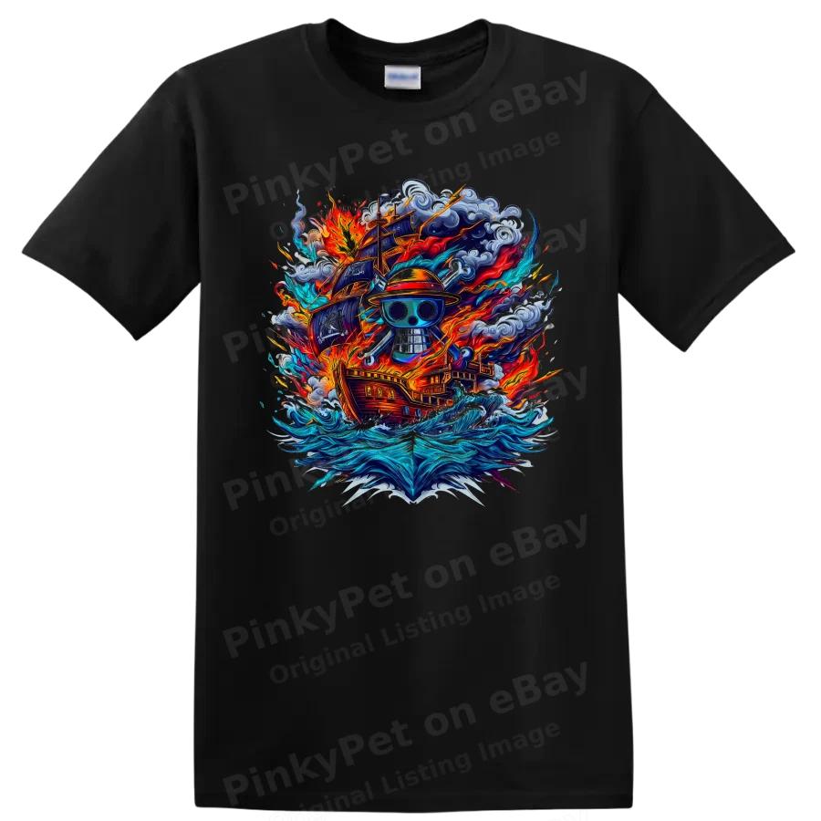 Anime Pirate Ship T Shirt W Straw Hat Skull Fire Ocean Waves Adventure Art Tee