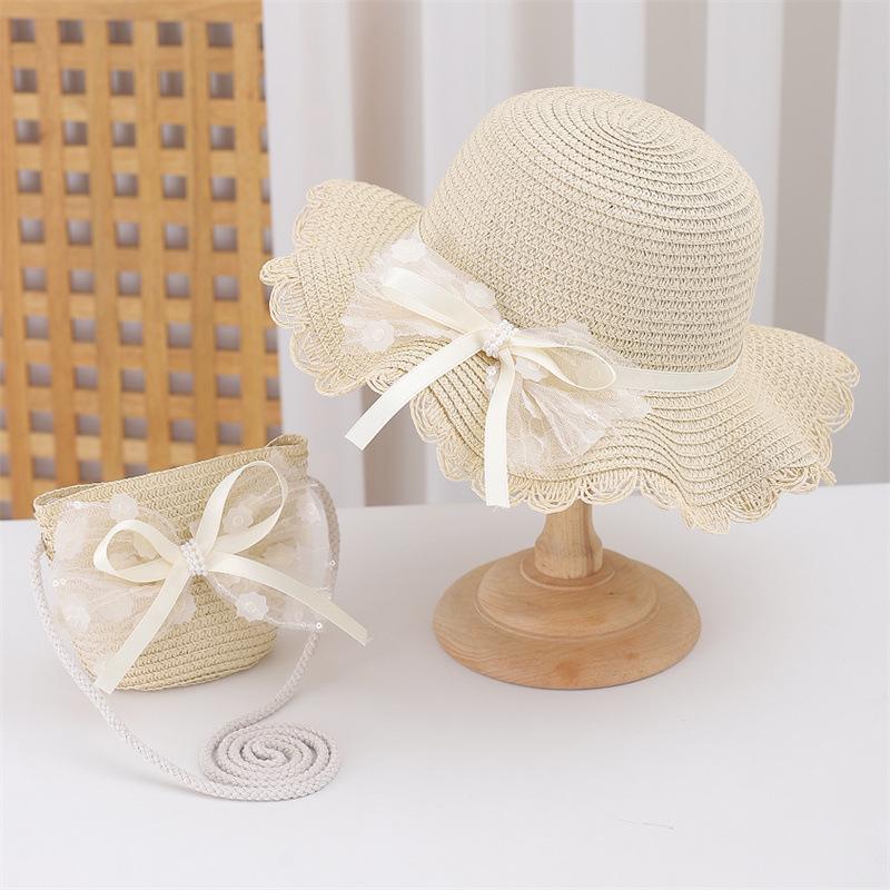 Kid Baby 2 Pieces Set Straw Hat and Handbag Summer Little Girl Children Bowknot Sun Cap Panama For Outdoor Beach Party Holiday